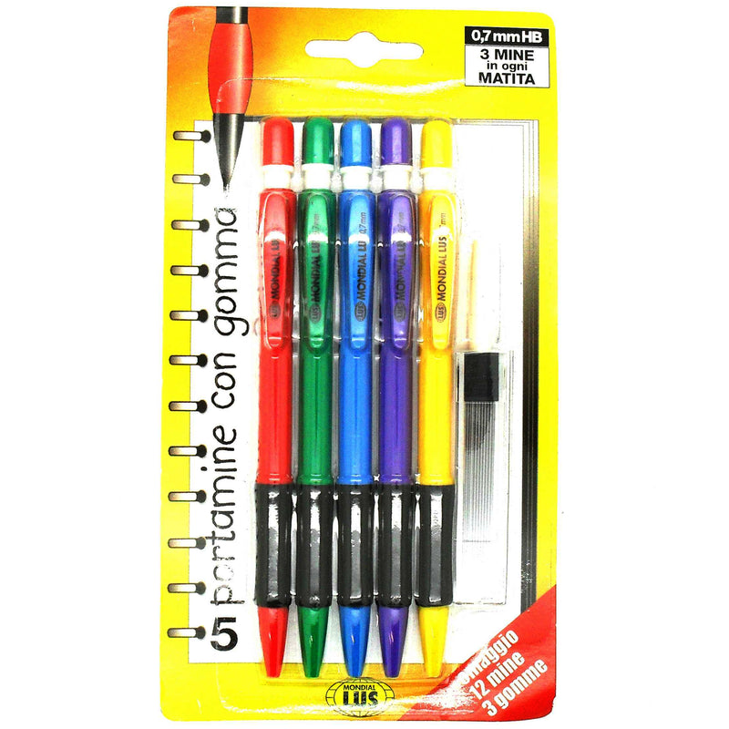 Mondial LUS 5 x 0.7mm HB Mechanical Refillable Soft Grip Pencil with Extra Leads & Erasers