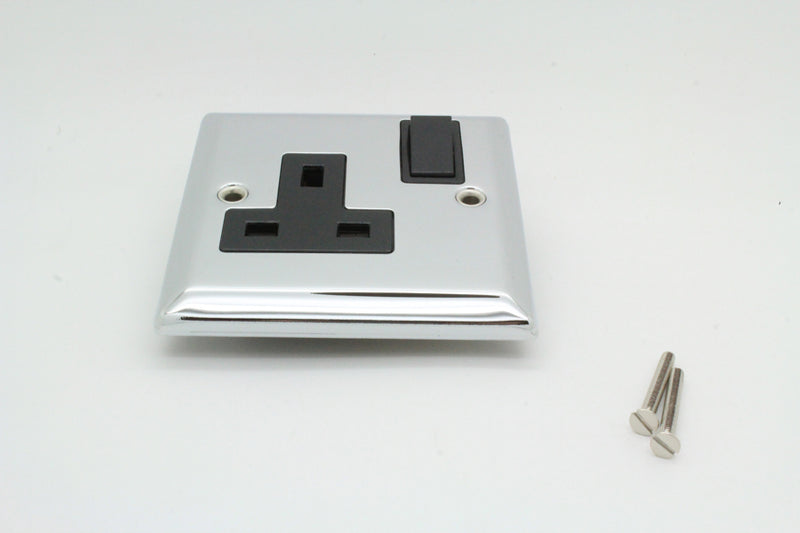 Polished Chrome and Black UK House Power Socket
