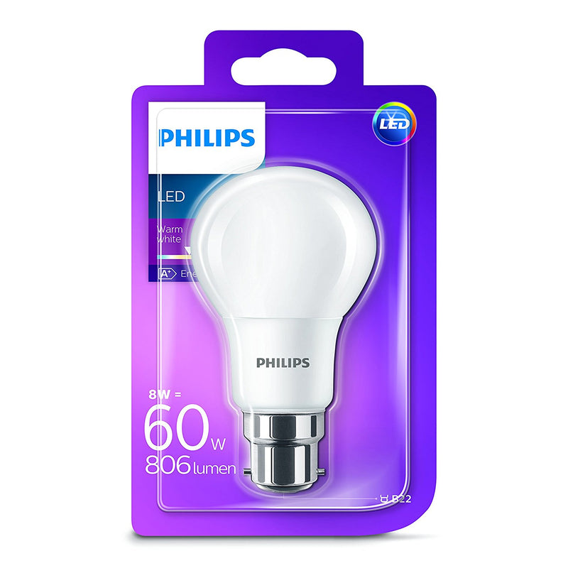 Philips 8 - 60W Frosted B22 Bayonet LED Bulb 806lm - Warm White