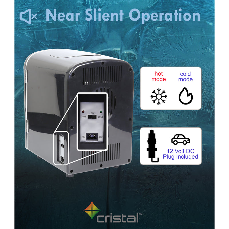 Cristal 4L Compact Cooler (Mini Fridge Style) with Built-in 12V Adapter - Black