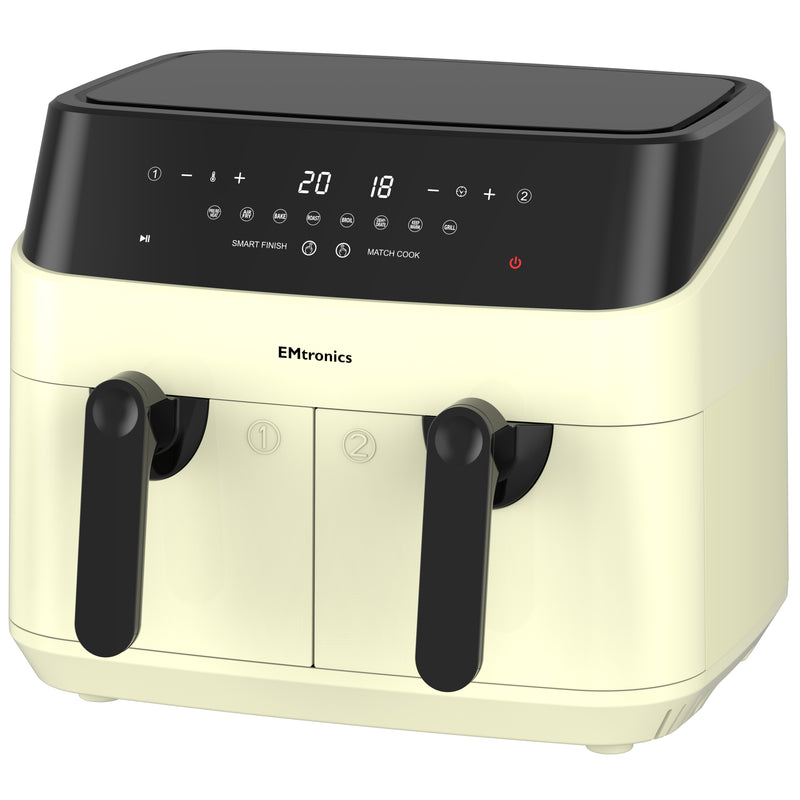 EMtronics Double Basket Air Fryer 9 Litre with 99 Minute Timer - Cream