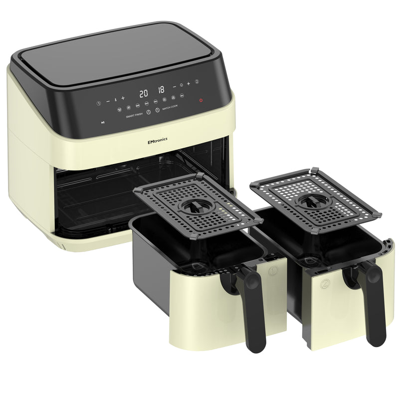 EMtronics Double Basket Air Fryer 9 Litre with 99 Minute Timer - Cream