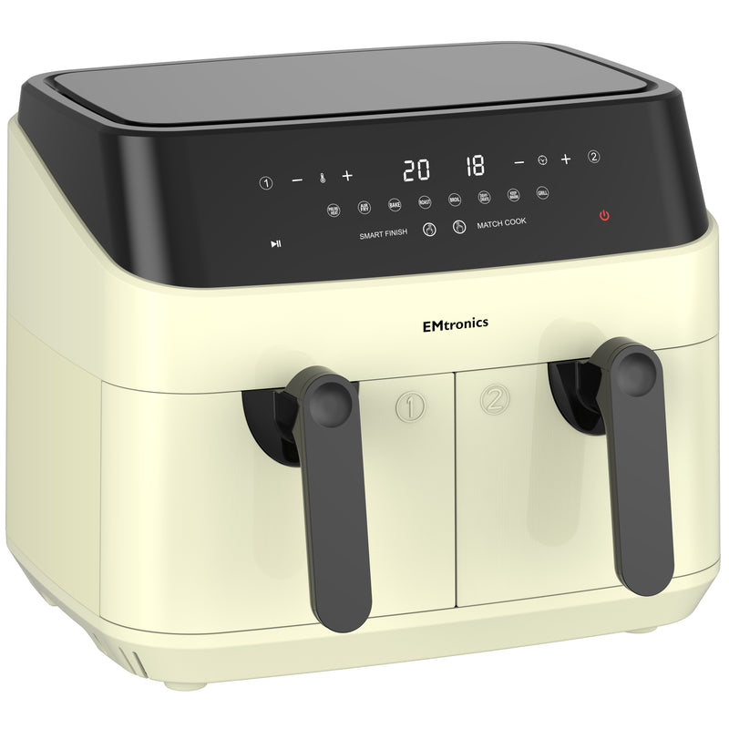 EMtronics Double Basket Air Fryer 9 Litre with 99 Minute Timer - Cream