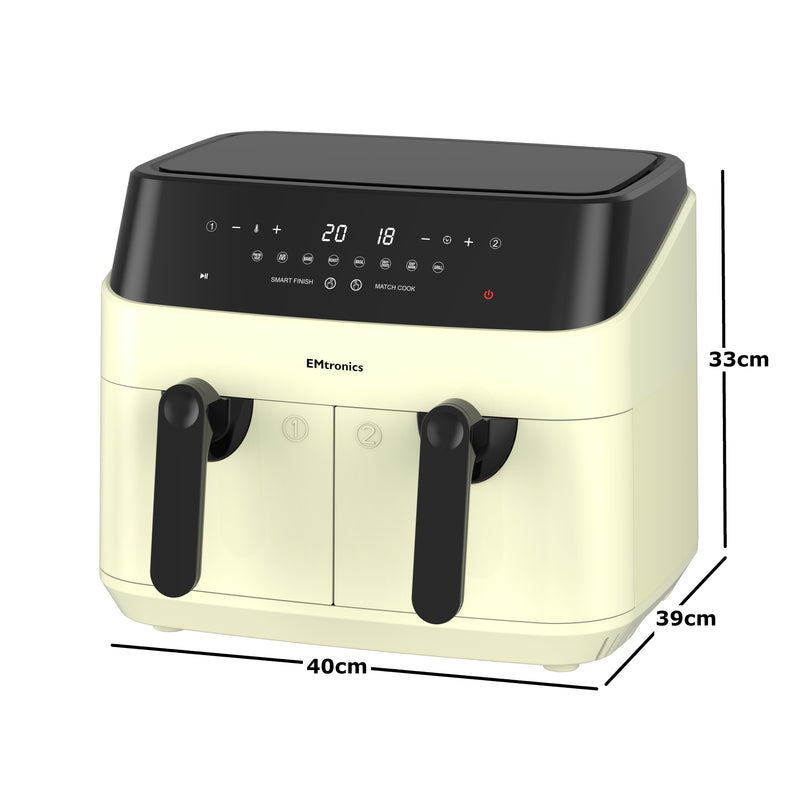 EMtronics Double Basket Air Fryer 9 Litre with 99 Minute Timer - Cream