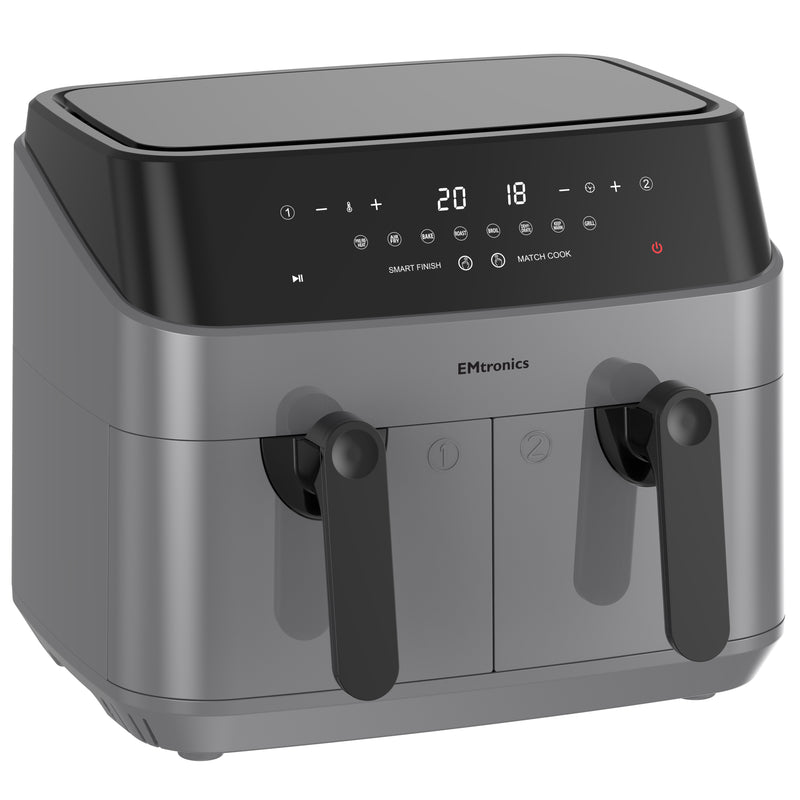 EMtronics Double Basket Air Fryer 9 Litre with 99 Minute Timer - Grey
