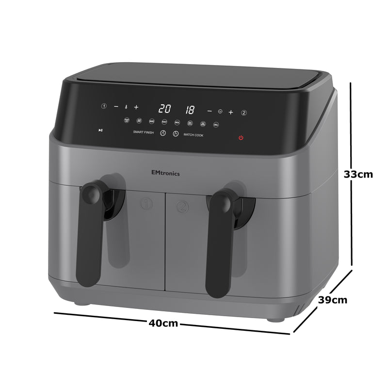 EMtronics Double Basket Air Fryer 9 Litre with 99 Minute Timer - Grey