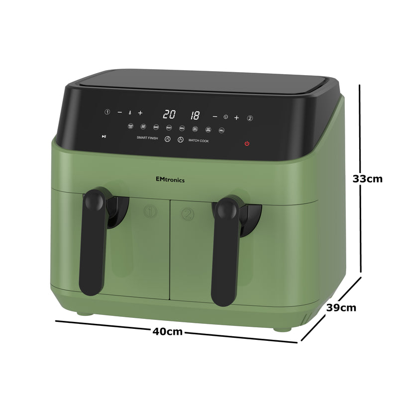 EMtronics Double Basket Air Fryer 9 Litre with 99 Minute Timer - Sage Green