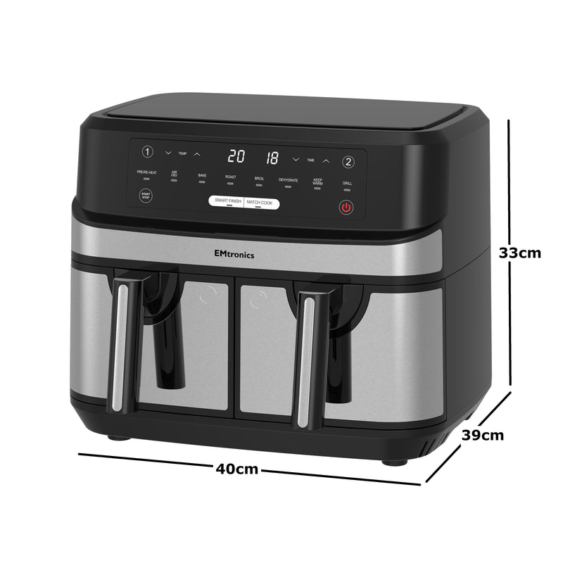 EMtronics Double Basket Air Fryer 9 Litre with 99 Minute Timer - Stainless Steel