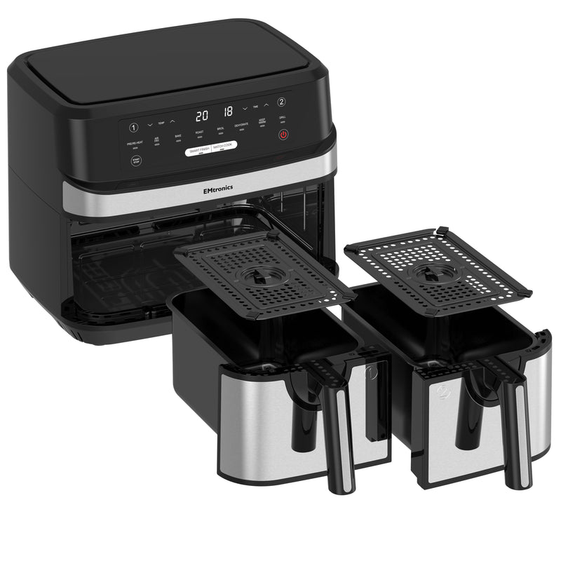 EMtronics Double Basket Air Fryer 9 Litre with 99 Minute Timer - Stainless Steel