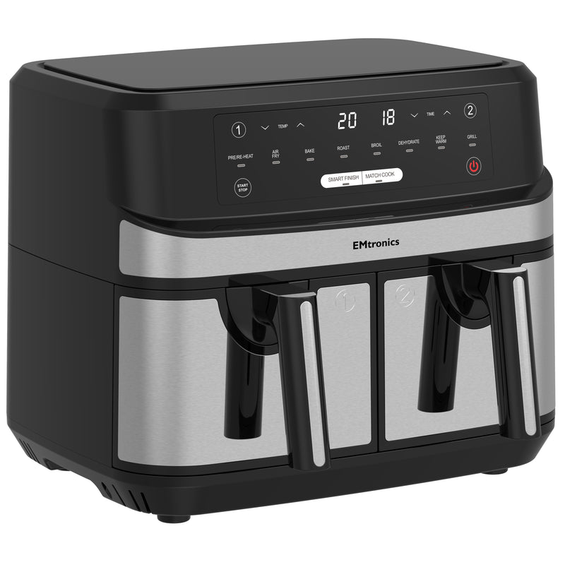 EMtronics Double Basket Air Fryer 9 Litre with 99 Minute Timer - Stainless Steel