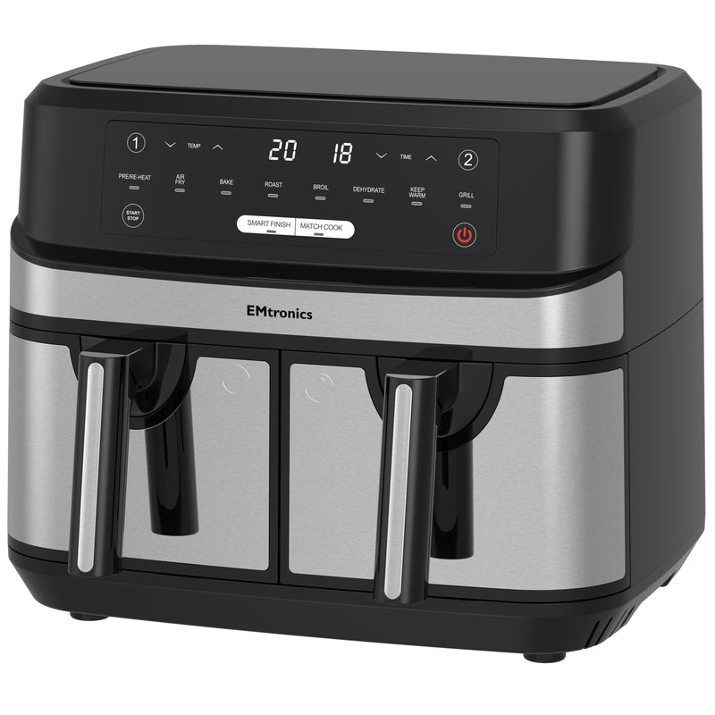 EMtronics Double Basket Air Fryer 9 Litre with 99 Minute Timer - Stainless Steel
