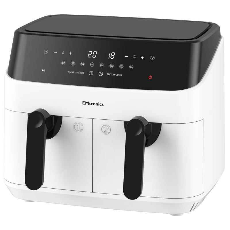 EMtronics Double Basket Air Fryer 9 Litre with 99 Minute Timer - White
