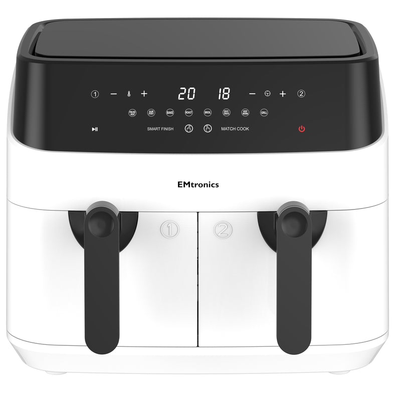 EMtronics Double Basket Air Fryer 9 Litre with 99 Minute Timer - White