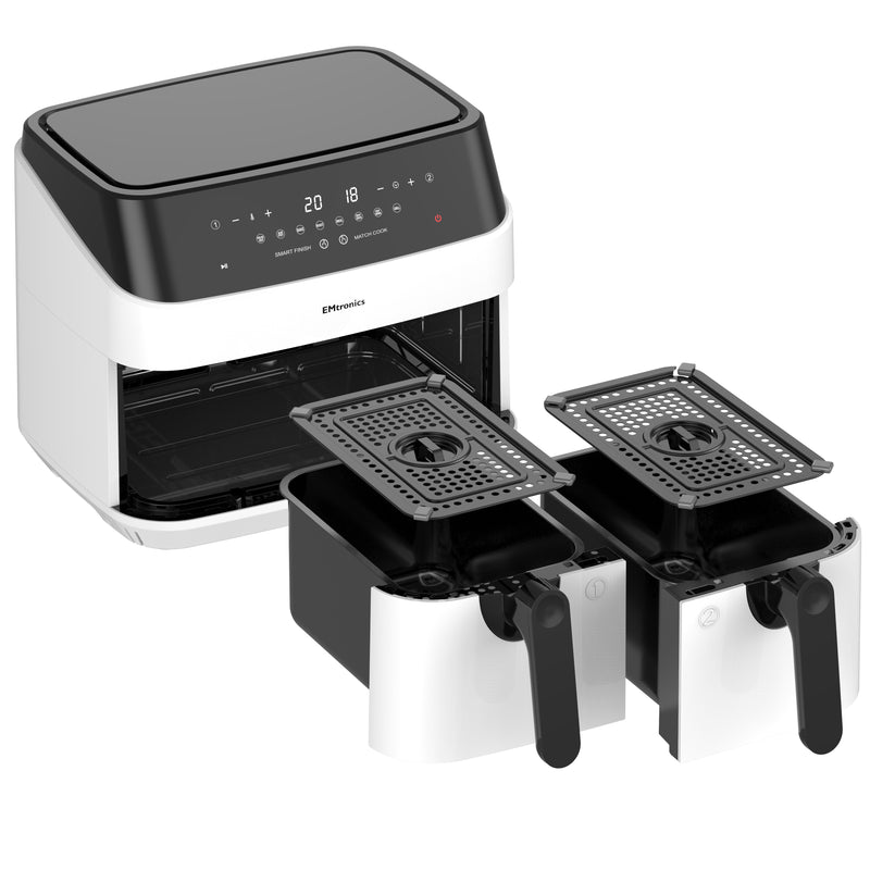 EMtronics Double Basket Air Fryer 9 Litre with 99 Minute Timer - White