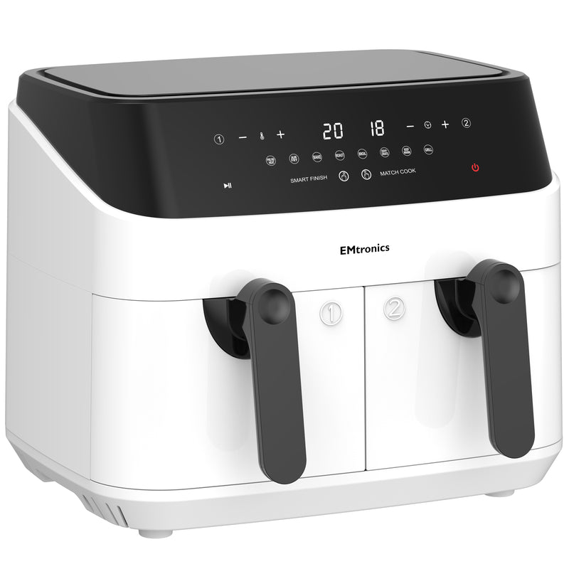 EMtronics Double Basket Air Fryer 9 Litre with 99 Minute Timer - White