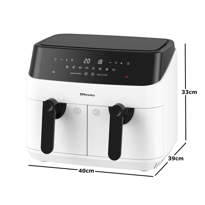 EMtronics Double Basket Air Fryer 9 Litre with 99 Minute Timer - White