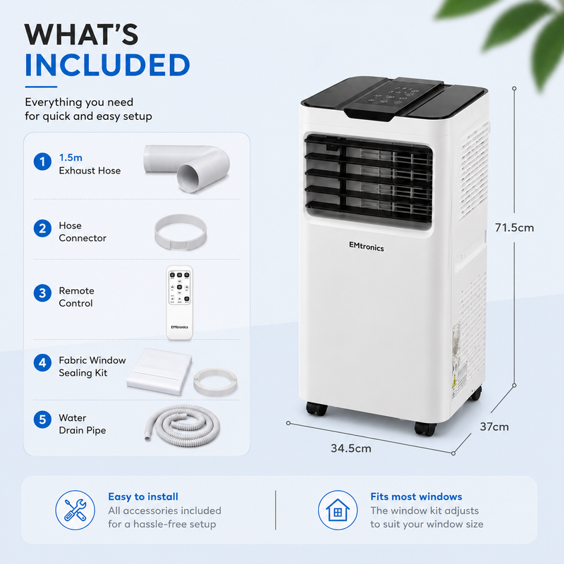EMtronics 12K BTU Portable Air Conditioner Dehumidifier and Window Vent Kit