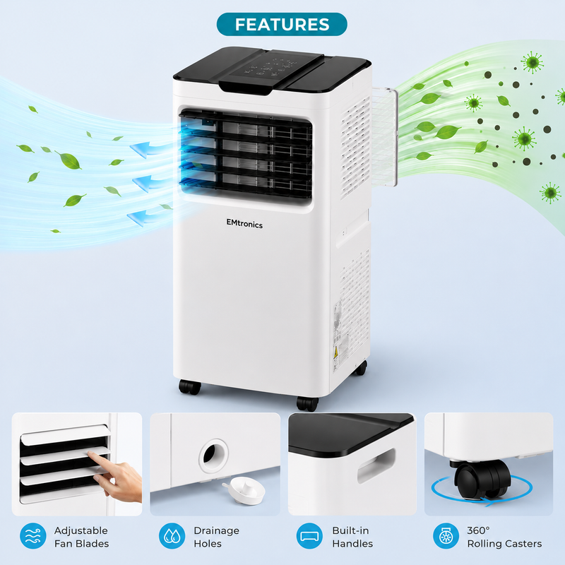 EMtronics 12K BTU Portable Air Conditioner Dehumidifier and Window Vent Kit