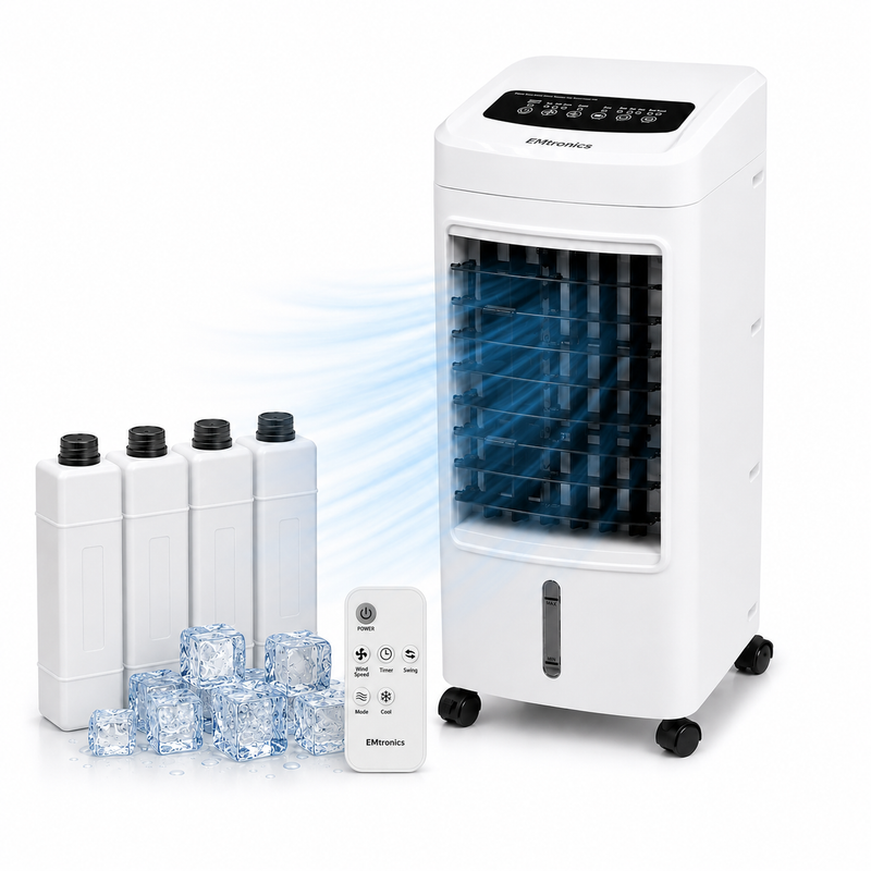 EMtronics Portable Fan Air Cooler, Humidifier with Timer, Remote and Ice Blocks