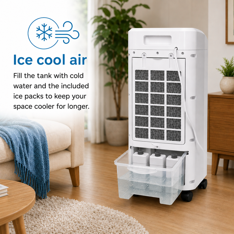 EMtronics Portable Fan Air Cooler, Humidifier with Timer, Remote and Ice Blocks