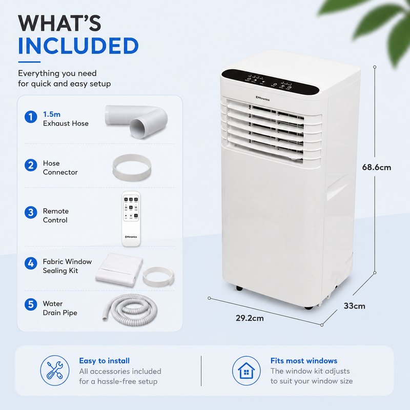 EMtronics 9K BTU Portable Air Conditioner Dehumidifier Fan and Window Vent Kit
