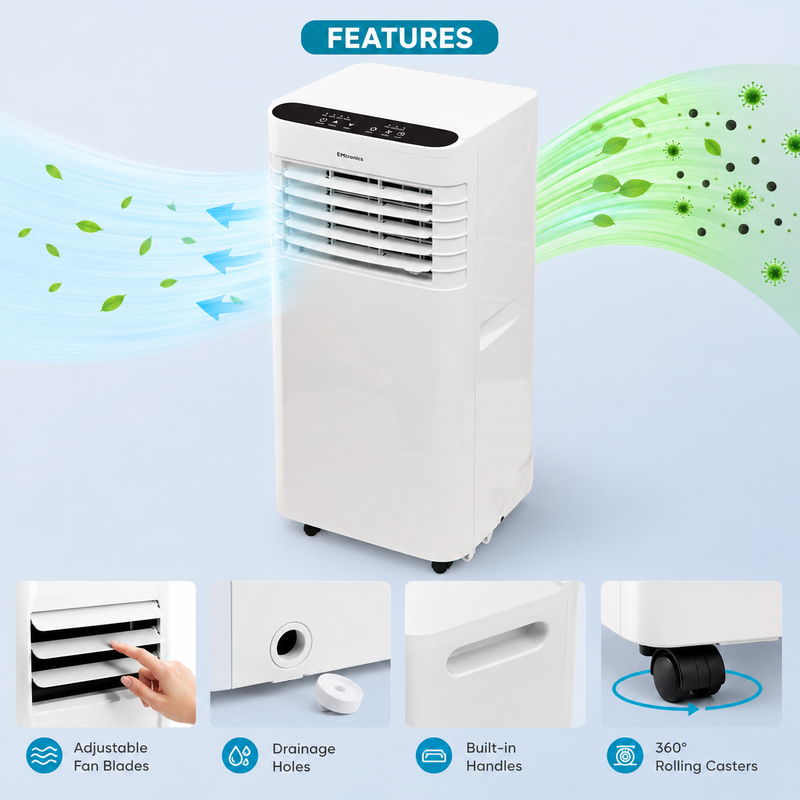 EMtronics 9K BTU Portable Air Conditioner Dehumidifier Fan and Window Vent Kit