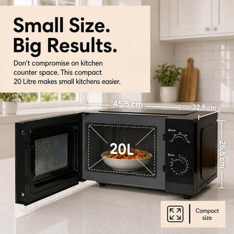 EMtronics 20 Litre Black Microwave 700W With Defrost Settings