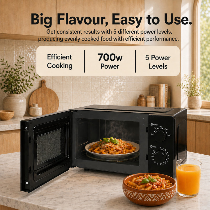 EMtronics 20 Litre Black Microwave 700W With Defrost Settings