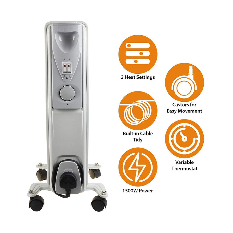 Fine Elements Portable Oil Filled Radiator, 1500W with Thermostat Control - White
