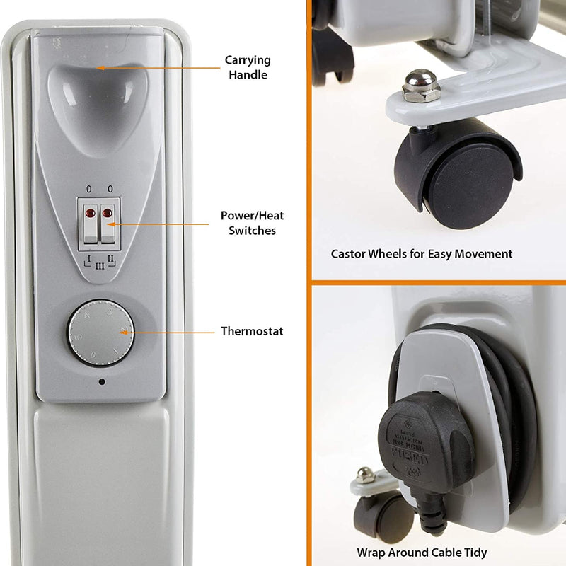 Fine Elements Portable Oil Filled Radiator, 1500W with Thermostat Control - White