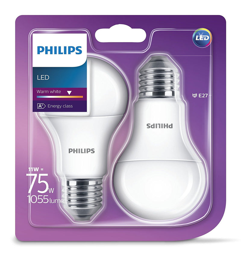 2 x Philips 11 - 75W Frosted E27 Edison LED Bulb 1055lm - Warm White