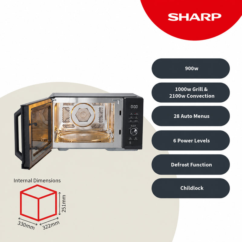 Sharp 27L 900W Black Digital Microwave with Air Fry, ECO & 11 Power Levels
