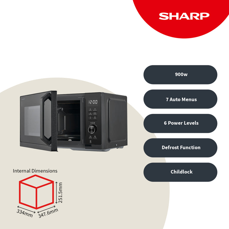 Sharp 28L 900W Black Digital Microwave with 7 Programmes, ECO & 6 Power Levels
