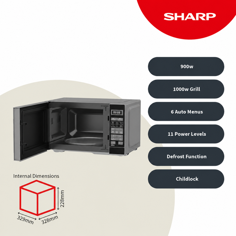 Sharp 25L 900W Silver Digital Microwave with Grill, ECO & 11 Power Levels